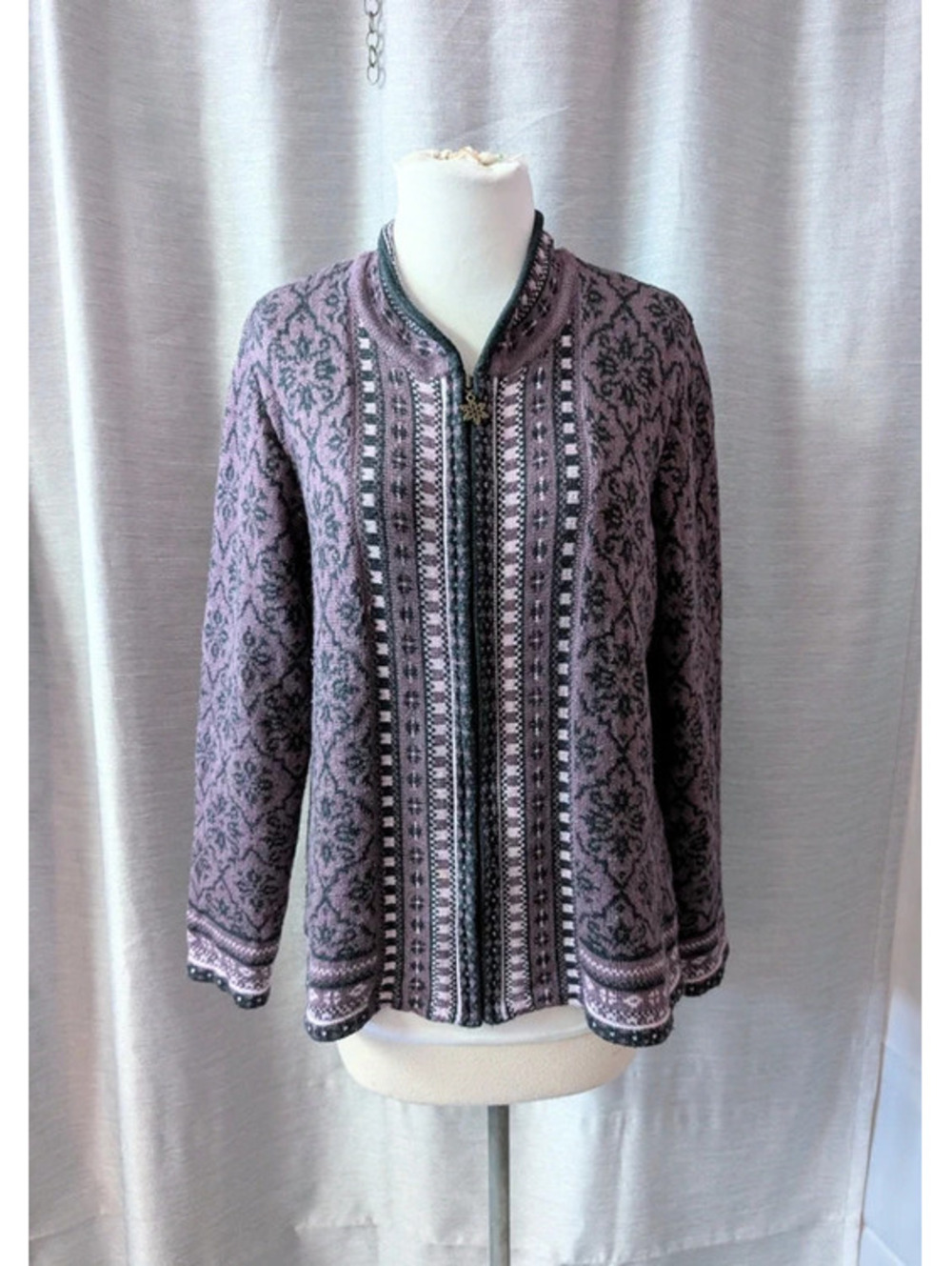 Purple Black Wool Blend Knit Zip Up Cardigan L